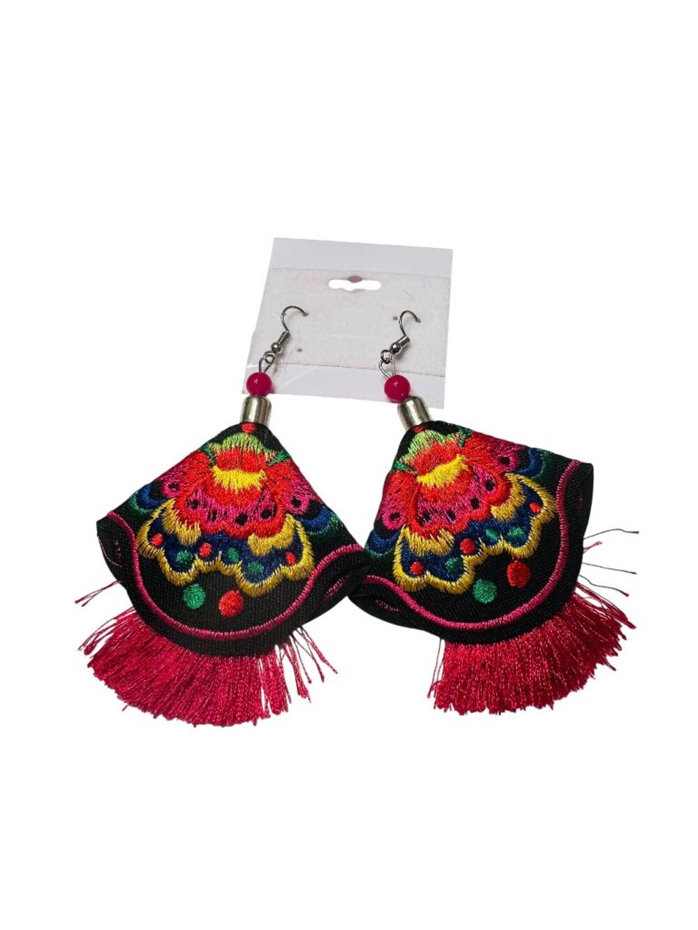 Mexican Fiesta Embroidered Fan Earrings With Fringe Black Red Pink